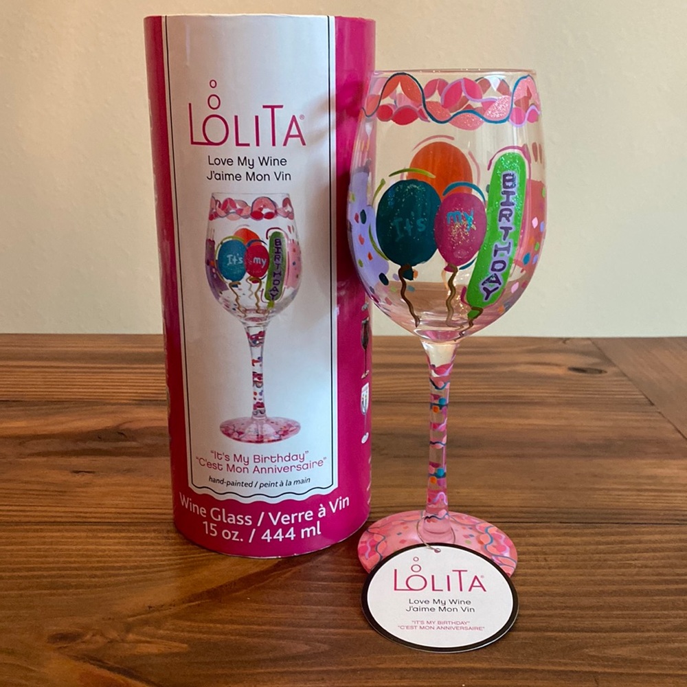 NWT “It’s My Birthday” Hand-Painted Wine Glass by Lolita